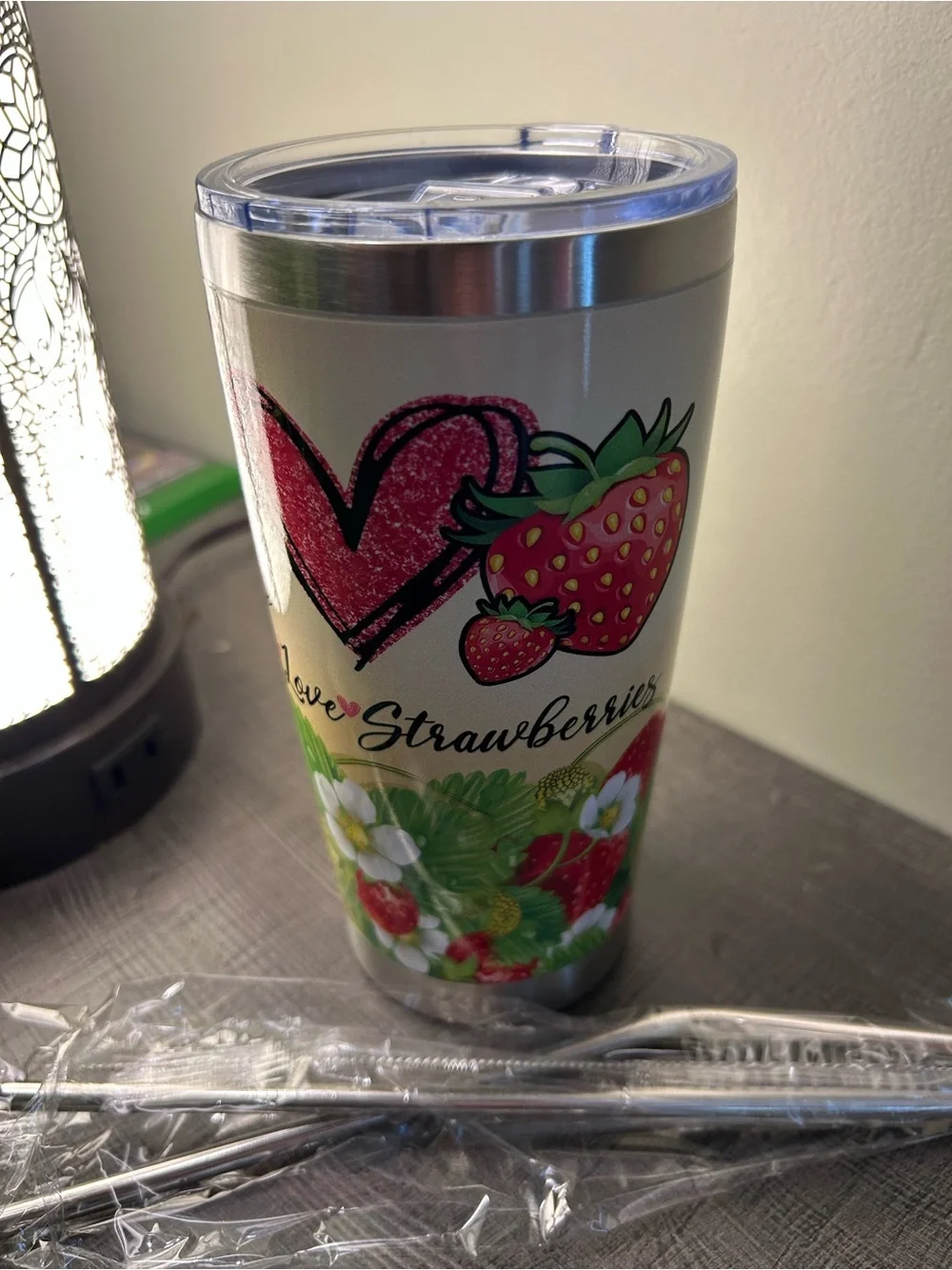 Paper Source White and Pink Strawberry Peace Love Stainless Steel Tumbler